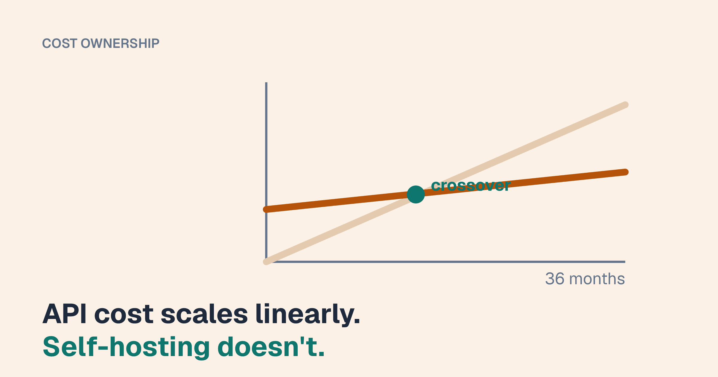 A chart over 36 months where a steep API cost line crosses a flatter self-hosting line at a point marked crossover, above the line "API cost scales linearly. Self-hosting doesn't."